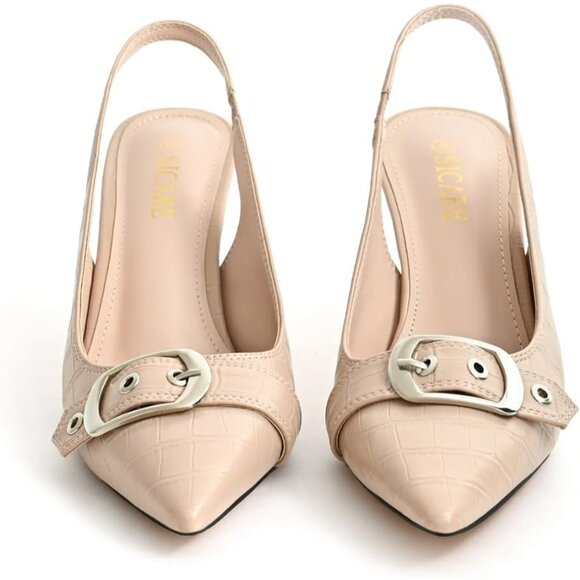Apricot Women Slingback Kitten Heels Pointed Toe Pumps Shoes with Buckle Strap - Picture 7 of 10